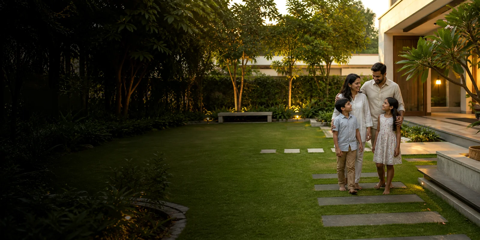 Happy family enjoying a premium residential villa garden designed by Win Landscape in Chennai