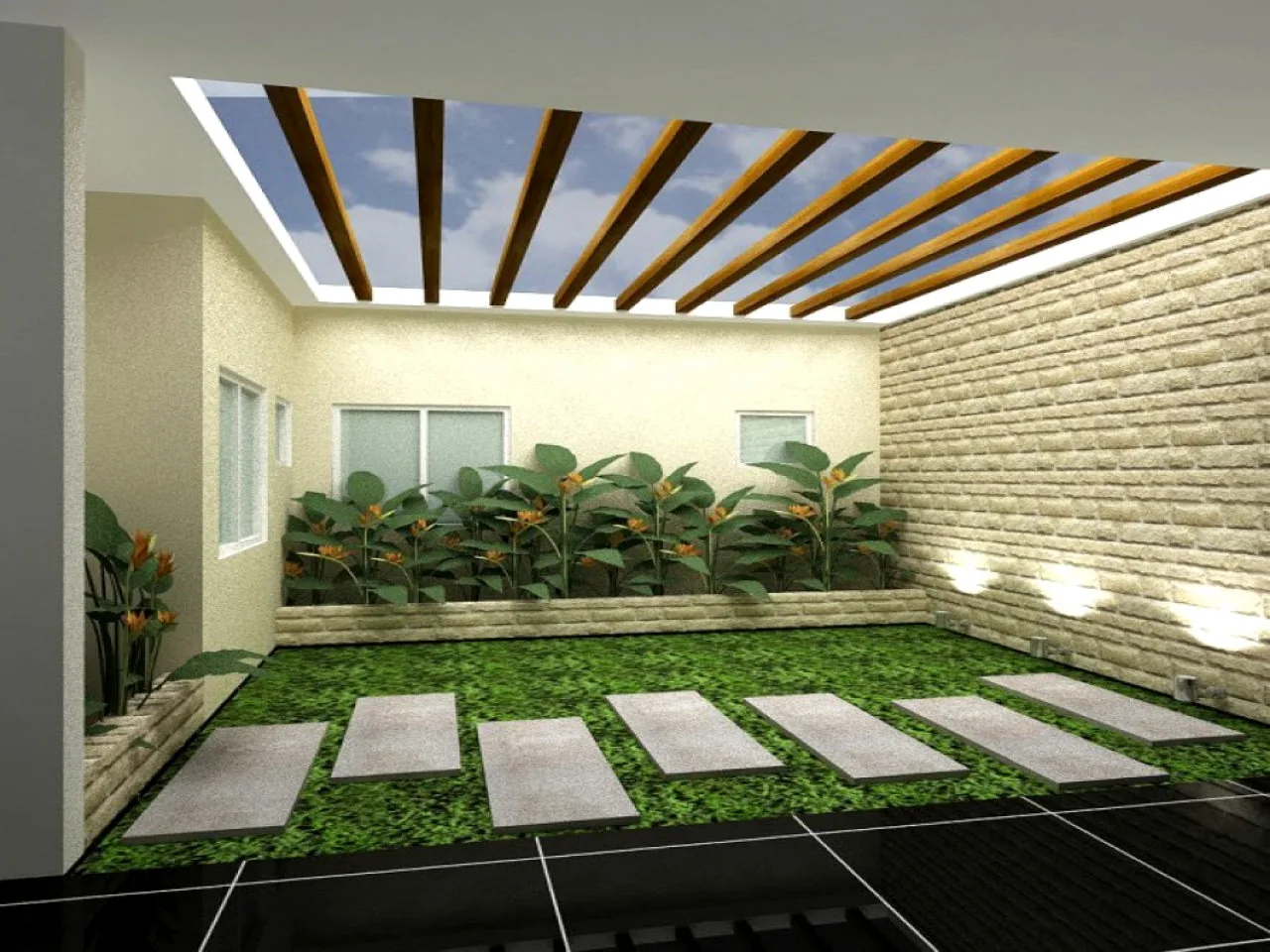 Design concept render of an indoor courtyard garden with stepping stones and planting