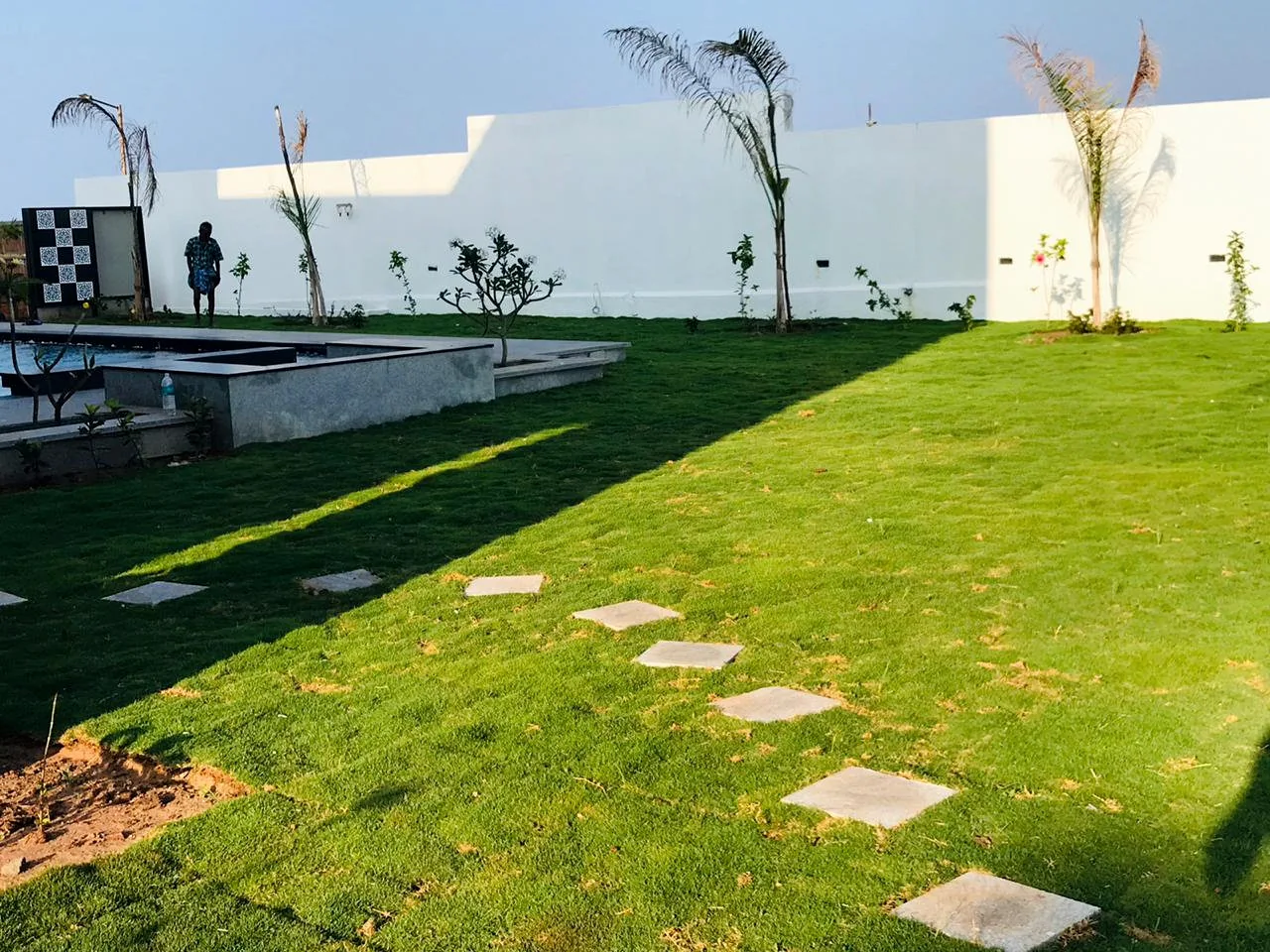 Newly landscaped lawn with stepping-stone path and pool for a Chennai residential project