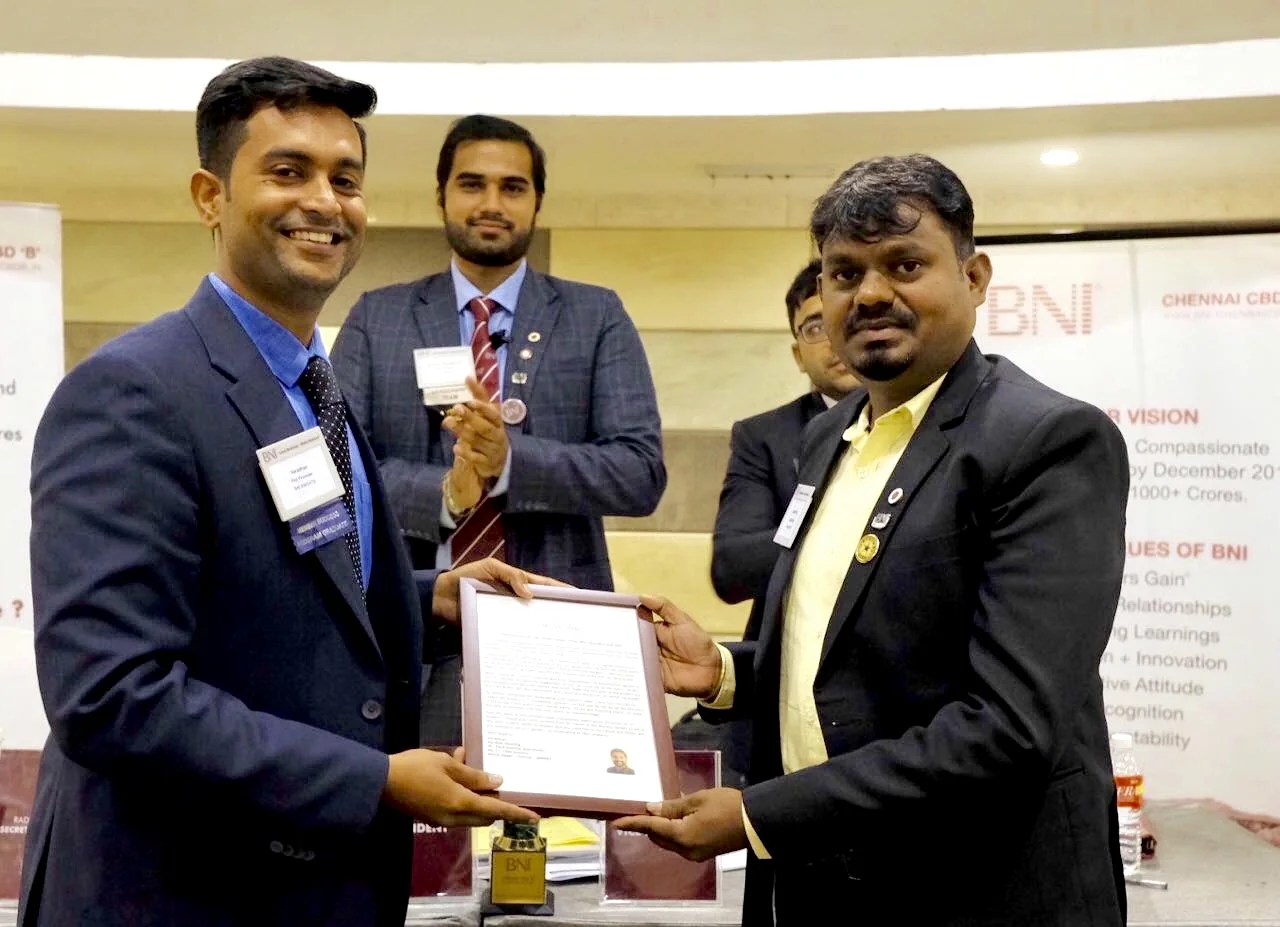 Win Landscape receiving a BNI Chennai CBD-B recognition certificate
