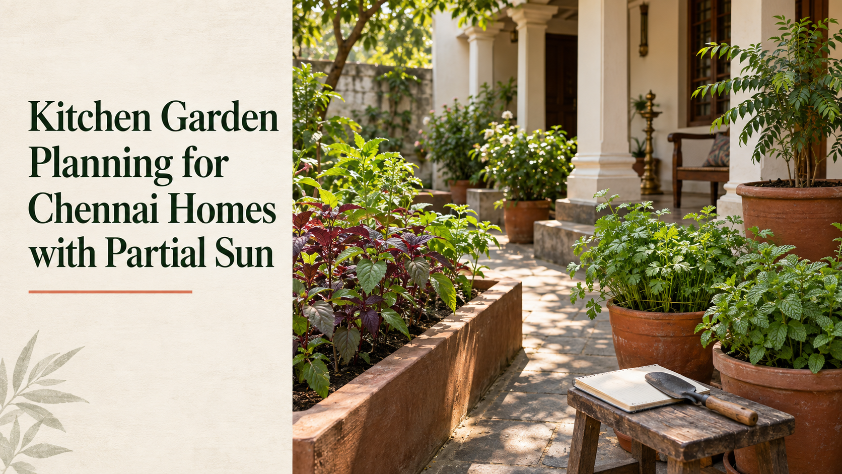 Kitchen garden with leafy greens and herbs in terracotta planters receiving partial sunlight in a Chennai-style courtyard.