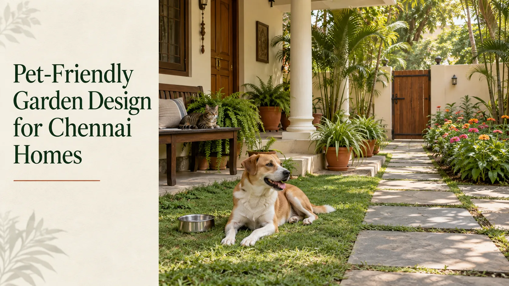 Dog resting beside a water bowl and cat on a shaded bench in a Chennai-style home garden.