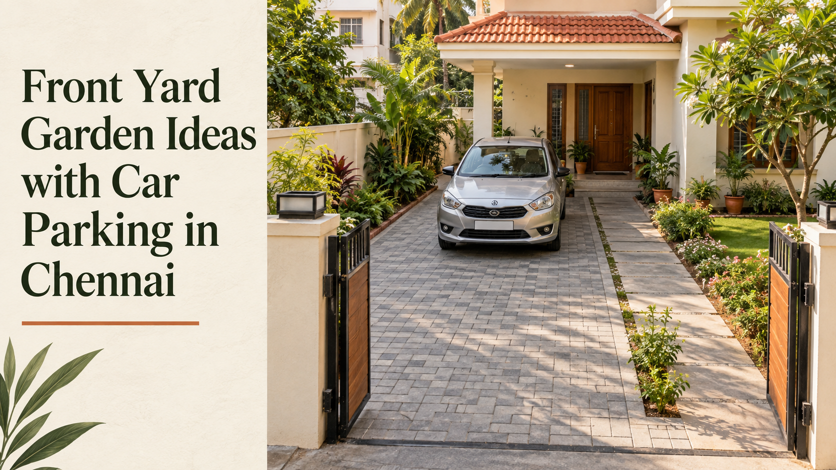 Chennai-style front yard with car parking, a paved driveway, a separate walkway and flowering garden borders.