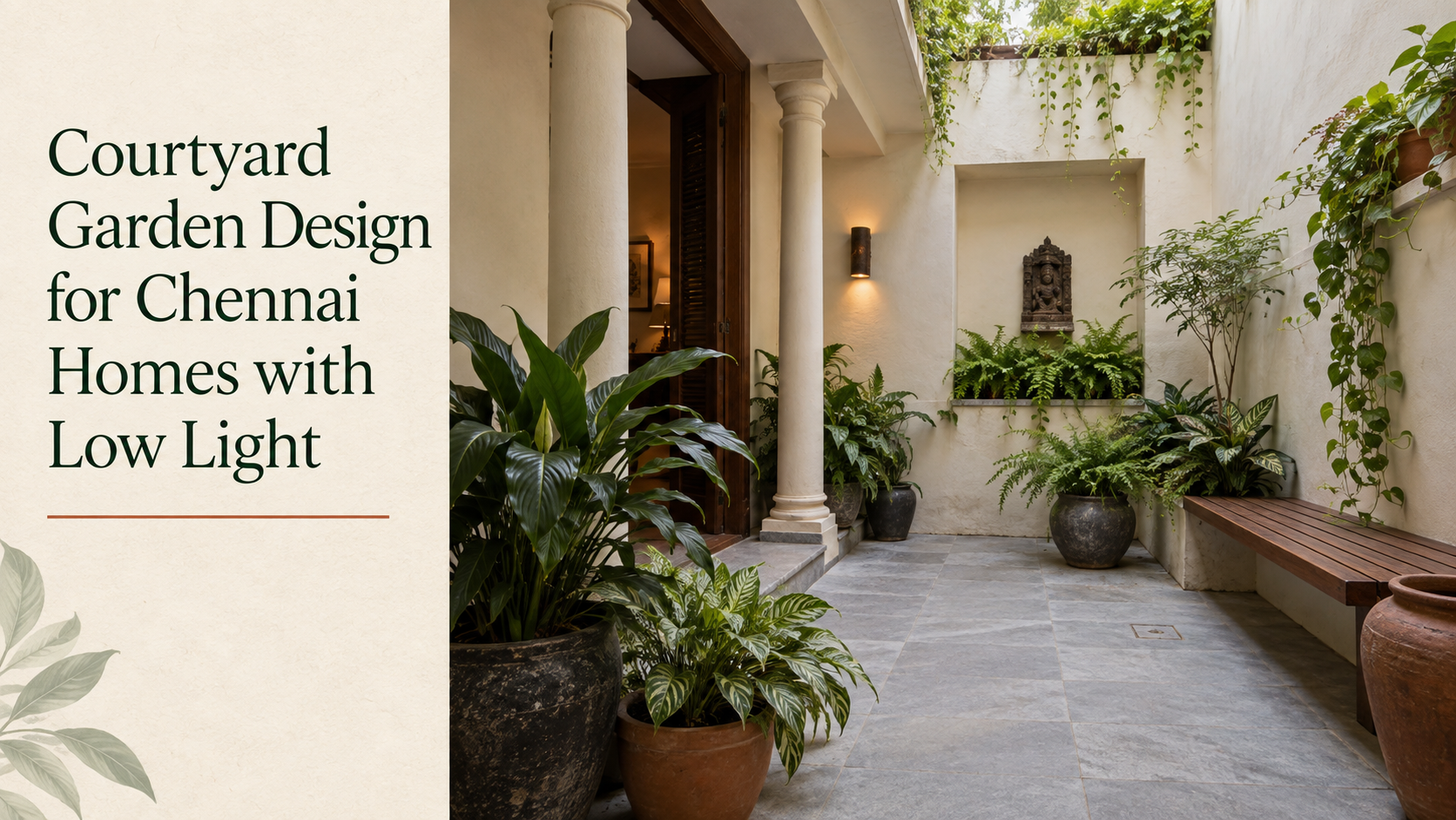 Shaded Chennai-style courtyard with leafy plants, cream columns, stone paving and a modern wooden bench.