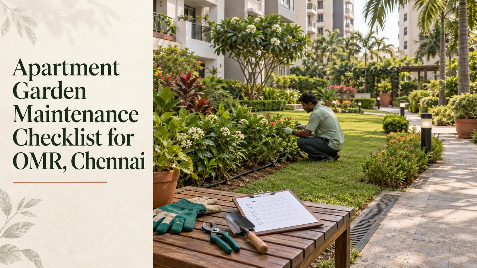 Gardener tending an apartment garden, with tools and a maintenance checklist in the foreground.