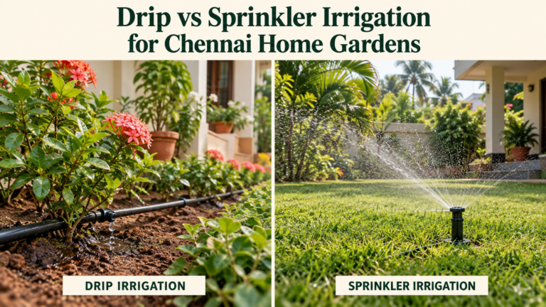 Drip irrigation watering flowering plants beside sprinkler irrigation watering a Chennai home lawn.