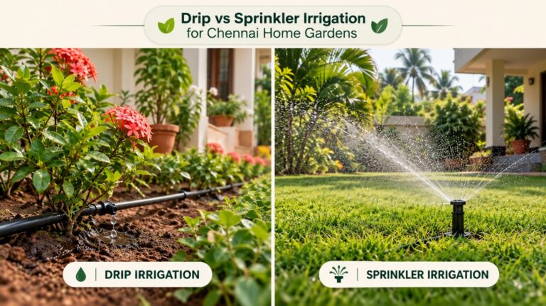 Compare drip vs sprinkler irrigation for Chennai home gardens. Explore water use, costs, maintenance and practical tips to choose the right system.