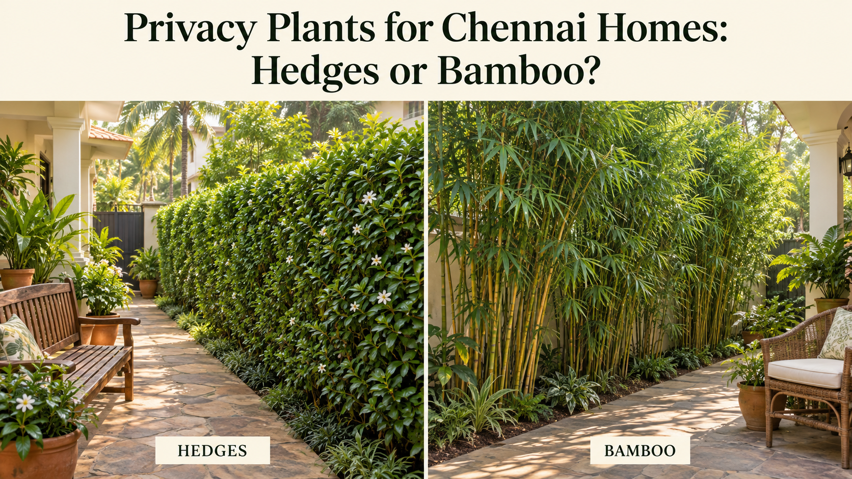 Dense green hedges and bamboo privacy screens beside stone pathways in Chennai-style home gardens.