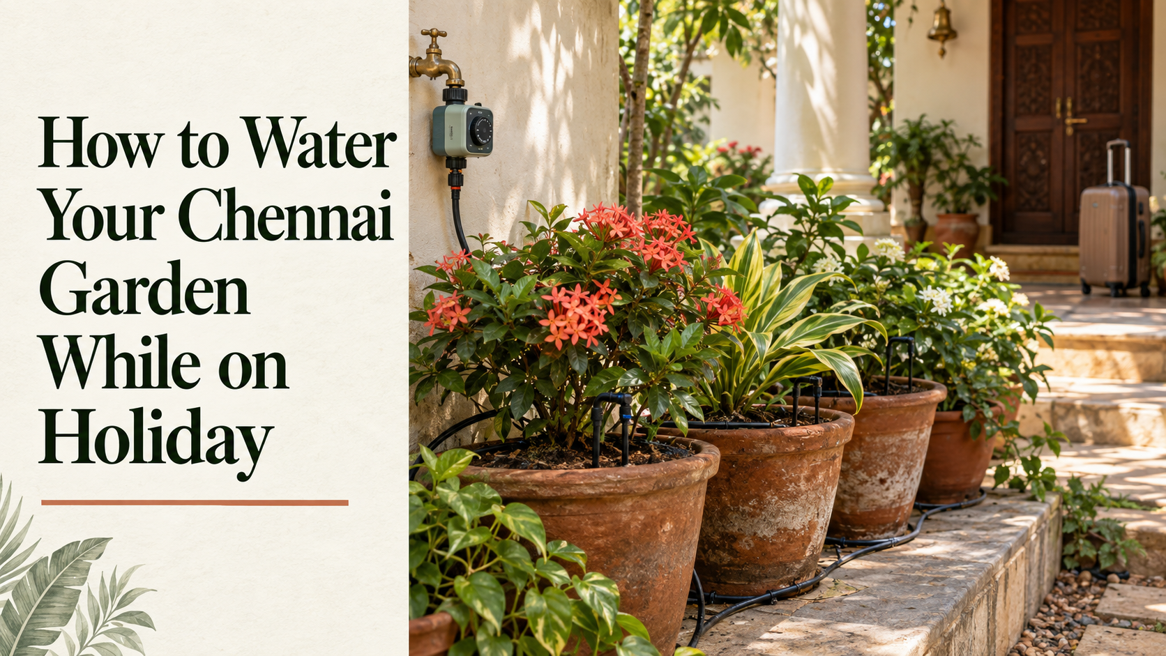 Automatic drip watering for terracotta garden pots beside a Chennai-style verandah, with a holiday suitcase near the entrance.