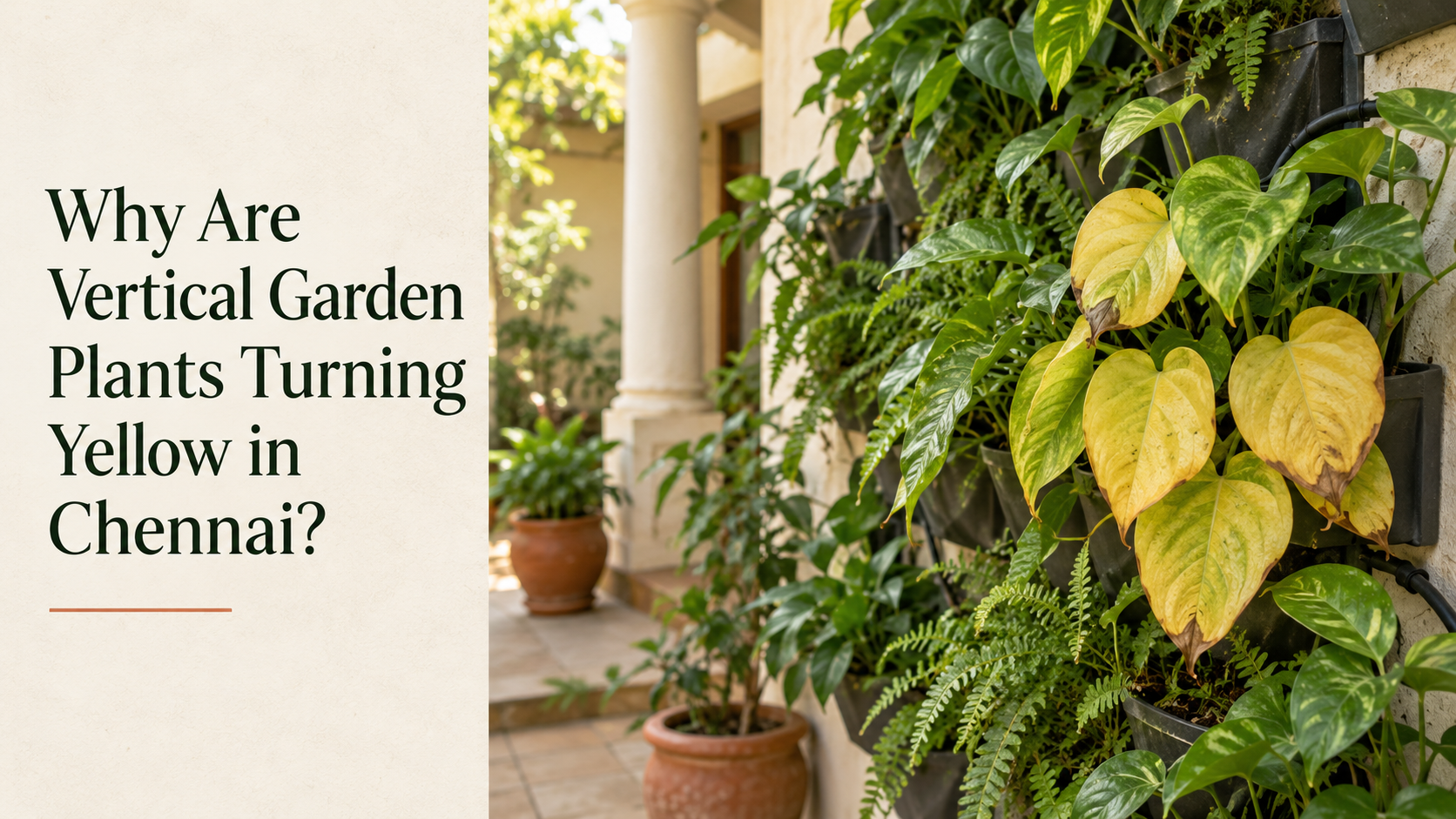Yellowing leaves with brown tips among green plants in a Chennai-style courtyard vertical garden.