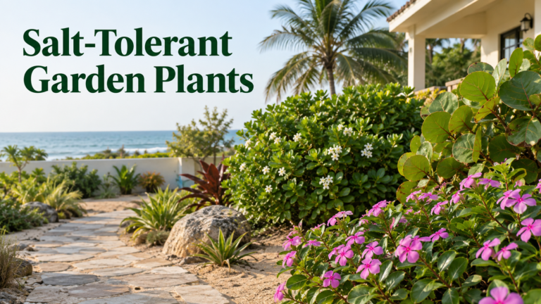Salt-tolerant garden plants with pink flowers, coastal shrubs and a stone pathway beside a seaside home.