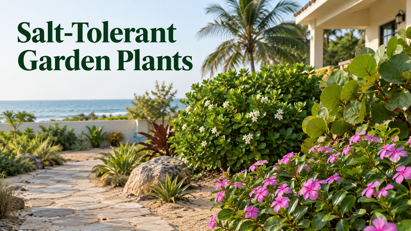 Salt-tolerant garden plants with pink flowers, coastal shrubs and a stone pathway beside a seaside home.