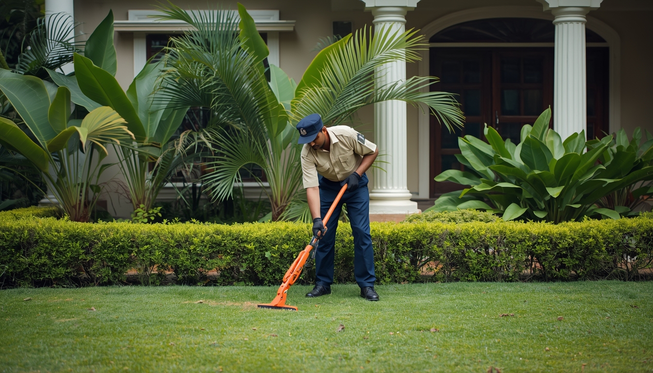 Garden maintenance services in Chennai - gardener trimming hedges and lawn