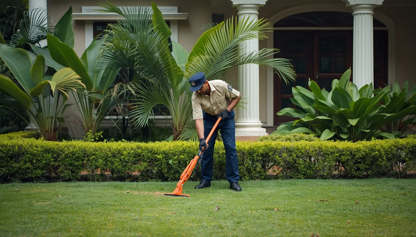 Garden maintenance services in Chennai - gardener trimming hedges and lawn