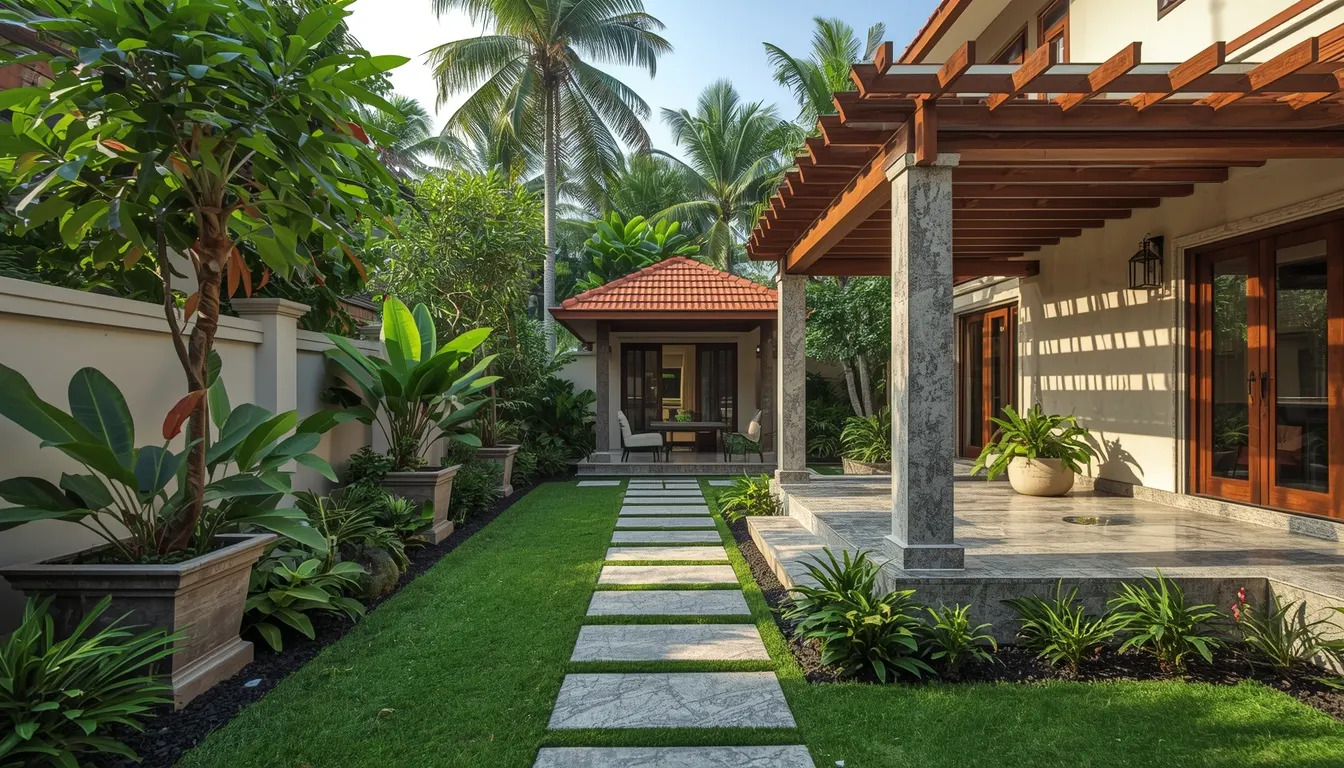 Hard landscaping in Chennai with stone paving and pergola