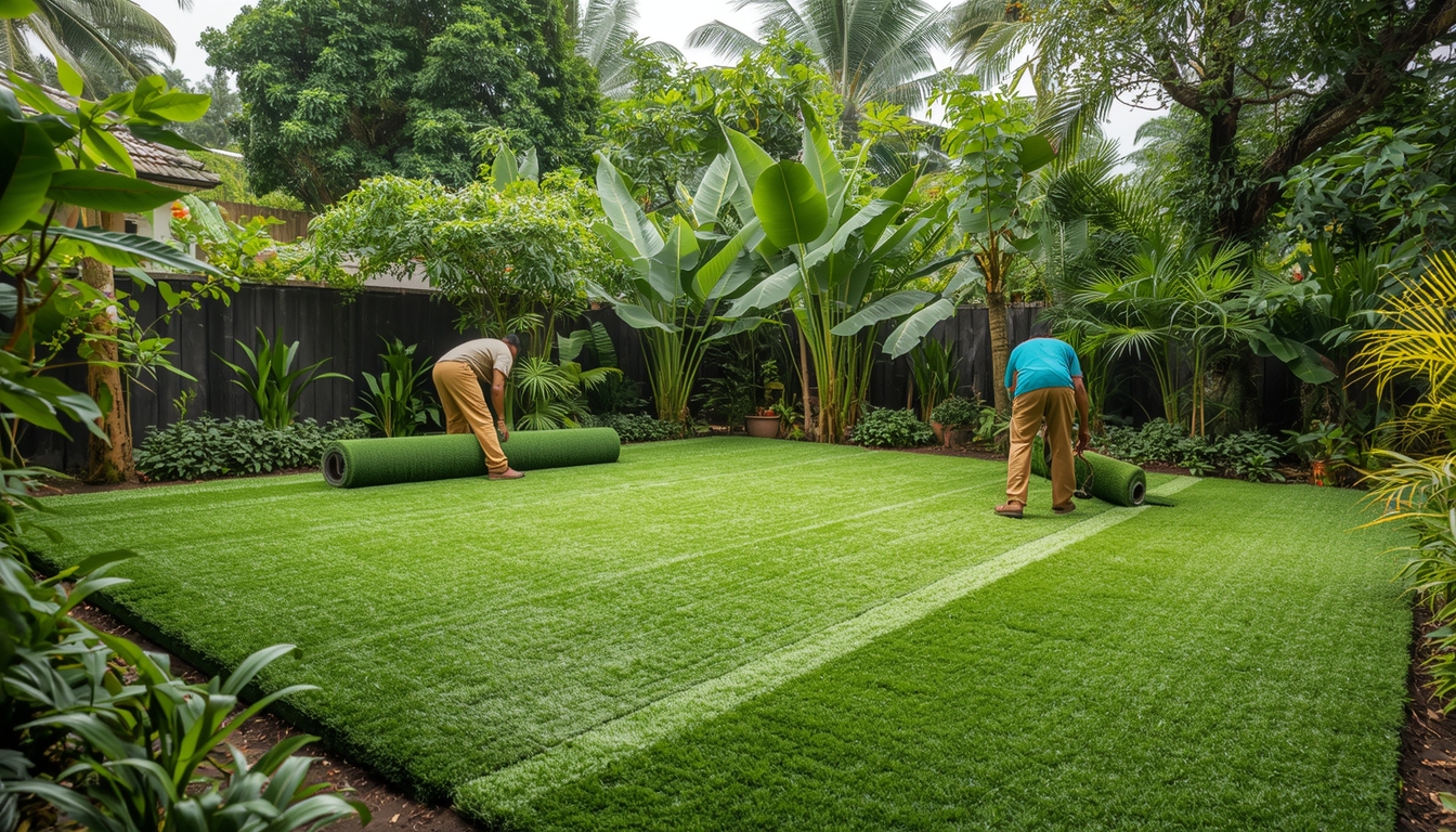 Lawn grass installation in a Chennai home garden