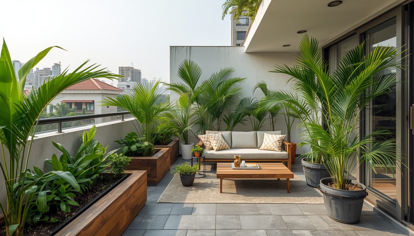 Terrace garden installation in Chennai with raised planters and palms