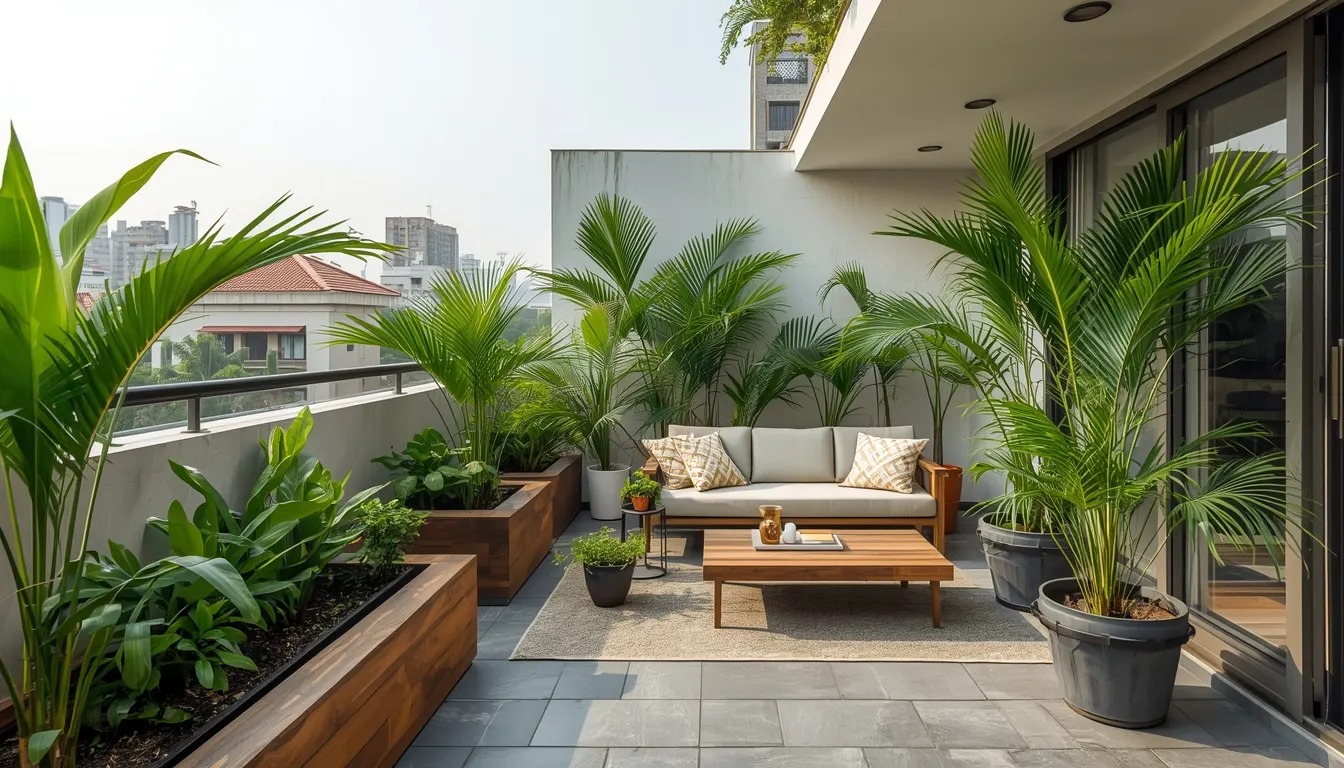 Terrace garden installation in Chennai with raised planters and palms