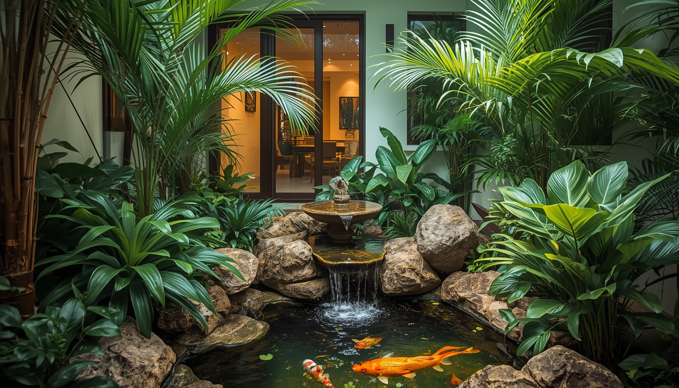 Outdoor water feature and garden pond in a Chennai courtyard
